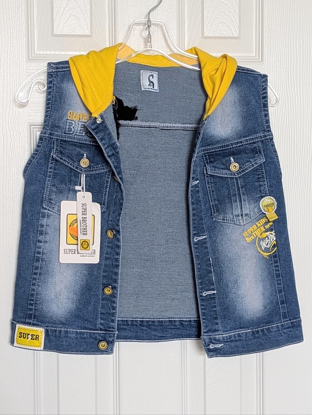 NWT Kids (Size 12Y) Distressed Denim Vest w/Yellow Jersey Hood & Patch Details